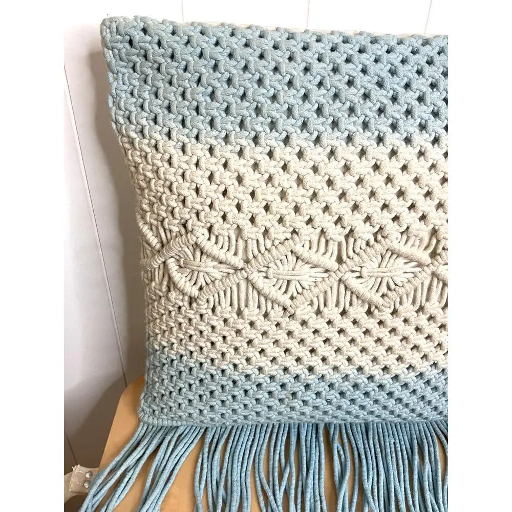 Macramé Pillow in Blue and White 18 x 18‎ Removable Cover Boho Chic